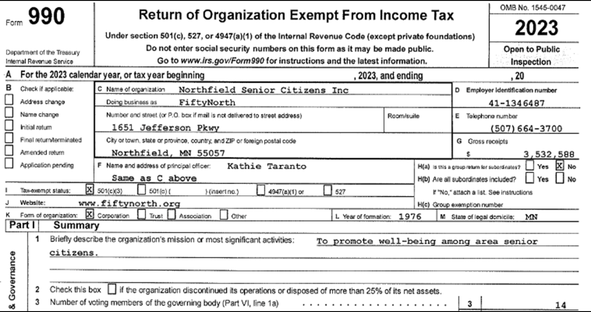 Top of the center's 990 Form for 2023